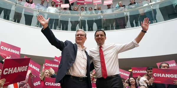 Keir Starmer, with Scottish Labour leader Anas Sarwar, as the party launches its Scottish election campaign in Glasgow (Picture: Andrew Milligan/PA)
