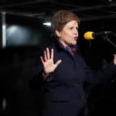Nicola Sturgeon speaking at a rally outside the Scottish Parliament