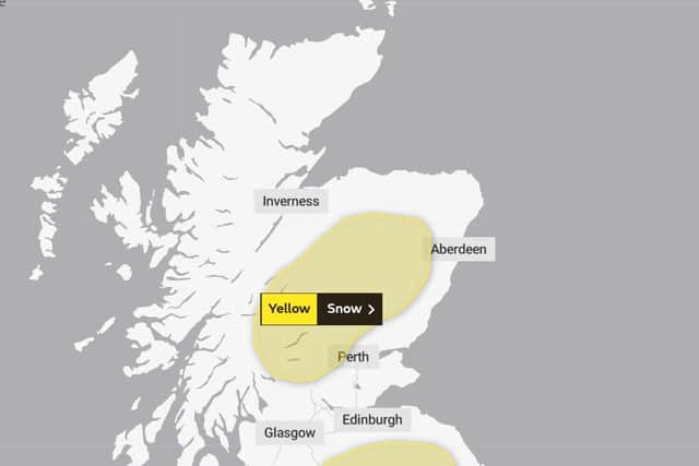 A yellow weather warning is in place from 00.00am until 11.59pm on Wednesday, February, 3, and predicts heavy snow in central mainland Scotland.