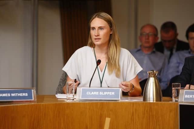 Clare Slipper, Parliamentary Officer, National Farmers Union Scotland appears before the  European and External Relations Committee as it met to take evidence on the The implications to Scotland of Brexit - business and sectoral interests:   27 July 2016. Pic - Andrew Cowan/Scottish Parliament