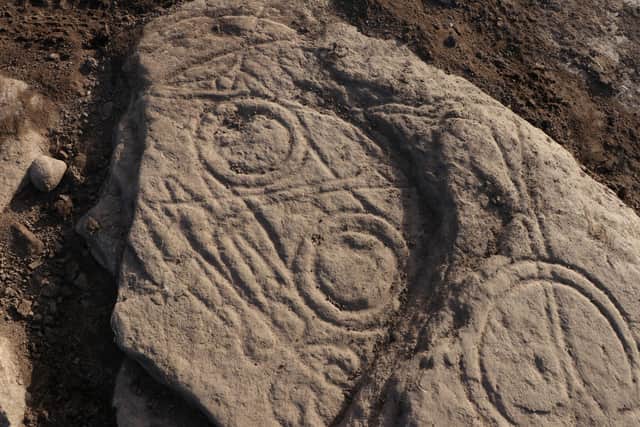 A close up of the rare Pictish symbol stone, which has been found in a field close to Aberlemno in Angus. PIC: Aberdeen University.