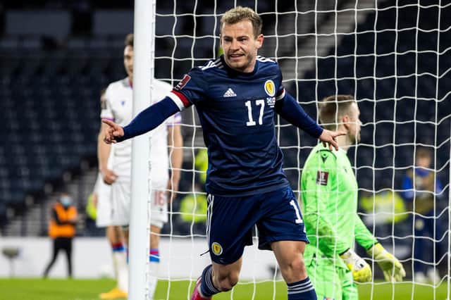 Ryan Fraser celebrates after scoring for Scotland in the win over Faroe Islands in March. (Photo by Craig Williamson / SNS Group)