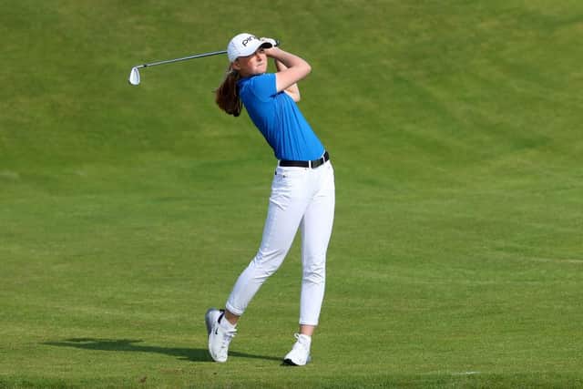 Louise Duncan plays her second shot on the first hole during the final round at Carnoustie. Picture: Andrew Redington/Getty Images.