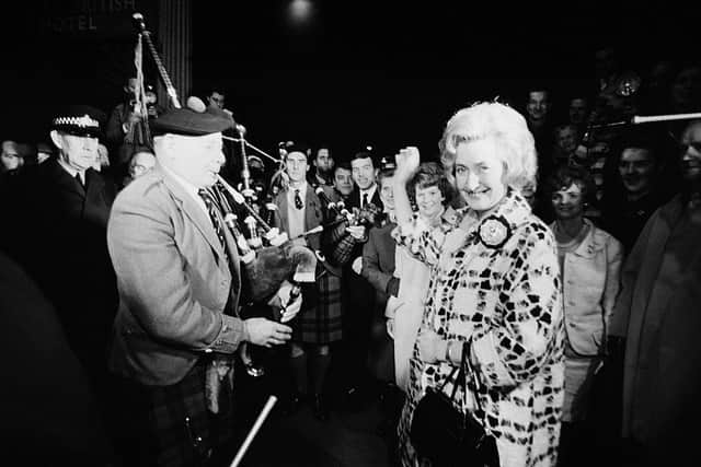 Winnie Ewing arrives in London to take up her seat in the Commons after winning Hamilton for the SNP today in 1967. Picture: Getty Images