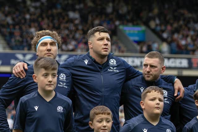 From left: Scotland captain Jamie Ritchie, and vice-captains Grant Gilchrist and Finn Russell, will lead the side during the World Cup opener against South Africa.  (Photo by Craig Williamson / SNS Group)