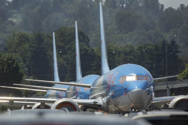 Boeing 737 MAX airplanes from TUI Airways parked at a Boeing facility adjacent to King County International Airport, known as Boeing Field, on May 31, 2019 following the worldwide grounding. Photo: David Ryder/Getty Images.