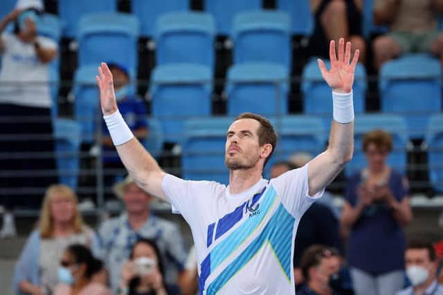Andy Murray celebrates his win over Reilly Opelka in Sydney.