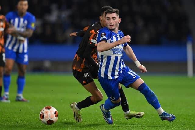 Billy Gilmour in action during his man of the match performance for Brighton against Marseille. (Photo by GLYN KIRK/AFP via Getty Images)