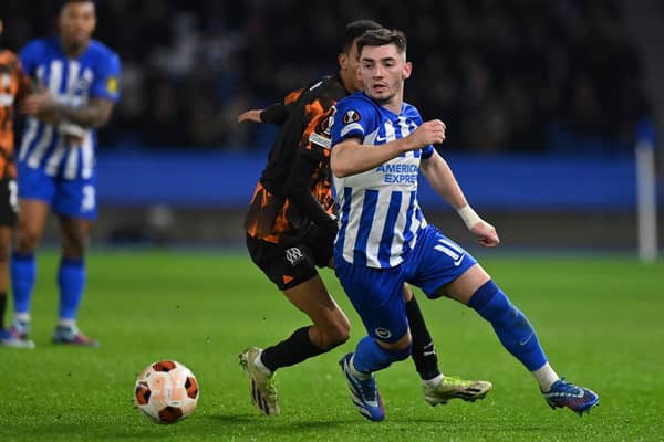 Billy Gilmour in action during his man of the match performance for Brighton against Marseille. (Photo by GLYN KIRK/AFP via Getty Images)