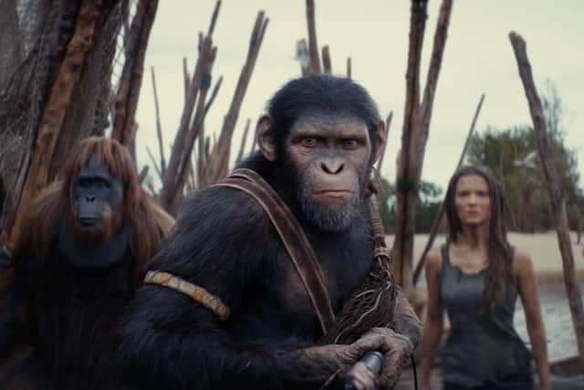Left to right: Raka (played by Peter Macon), Noa (played by Owen Teague), and Freya Allan as Nova in Kingdom of the Planet of the ApesPIC: 20th Century Studios. © 2024 20th Century Studios. All Rights Reserved.