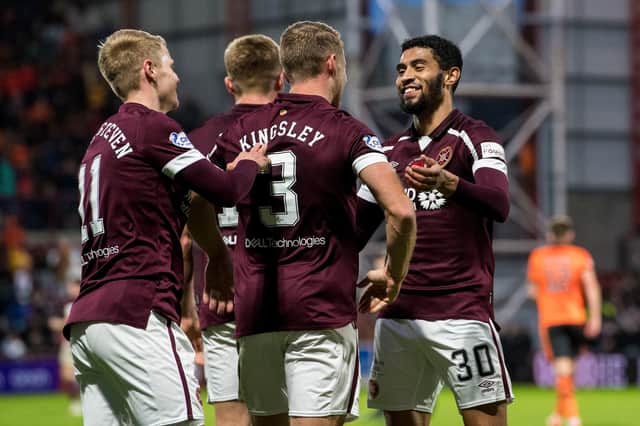 All smiles for Hearts after defeating Dundee United at Tynecastle.
