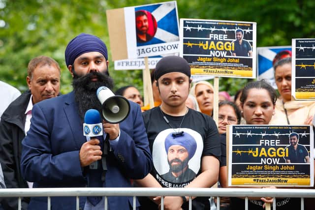 Protesters calling for the release of Jagtar Singh Johal, including his brother Gurpreet Singh Johal, demonstrate outside the Indian Consulate in Edinburgh's Rutland Square in 2018.