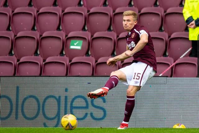 Taylor Moore in action for Hearts during the cinch Premiership match against Motherwell at Tynecastle. (Photo by Sammy Turner / SNS Group)