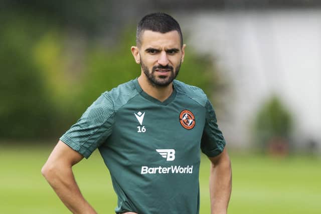 Aziz Behich, pictured during a Dundee United training sessiom at St Andrews, is available to face AZ Alkmaar after his work permit arrived. (Photo by Mark Scates / SNS Group)