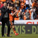 Dundee United manager Tam Courts applauds the home support after his team's 1-0 win over Rangers at Tannadice. (Photo by Craig Williamson / SNS Group)