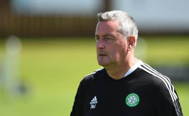 BONNYRIGG, SCOTLAND - JULY 17: Celtic B head Coach Tommy McIntyre during the Lowland League Match between Bonnyrigg Rose and Celtic B at New Dundas Park on July 17, 2021, in Bonnyrigg, Scotland. (Photo by Mark Scates / SNS Group)
