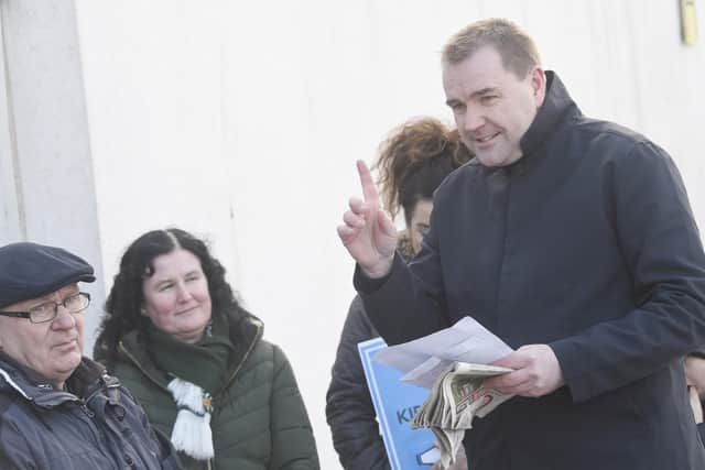 Neil Findlay at a protest by parents, carers and members of the public at St John's Hospital against the continued closure of the children's ward    Pic: Greg Macvean