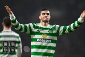 Celtic's Liel Abada celebrates making it 3-0 against Rangers.