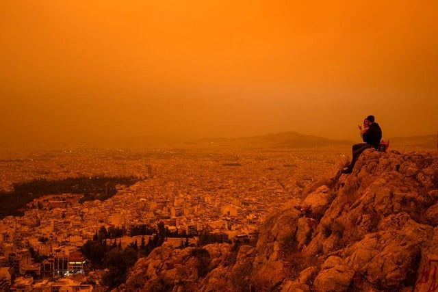 Clouds of dust blown in from the Sahara covered Athens and other Greek cities , one of the worst such episodes to hit the country since 2018, officials said.