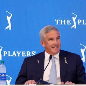 PGA Tour Commissioner Jay Monahan speaks to the media during a press conference prior to The Players Championship at TPC Sawgrass in Florida. Picture: Cliff Hawkins/Getty Images.