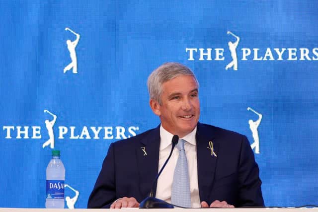 PGA Tour Commissioner Jay Monahan speaks to the media during a press conference prior to The Players Championship at TPC Sawgrass in Florida. Picture: Cliff Hawkins/Getty Images.