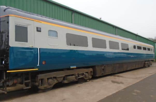 The late 1970s train carriages have been repainted in their original British Rail blue and white livery. Picture: WG Specialist Coatings