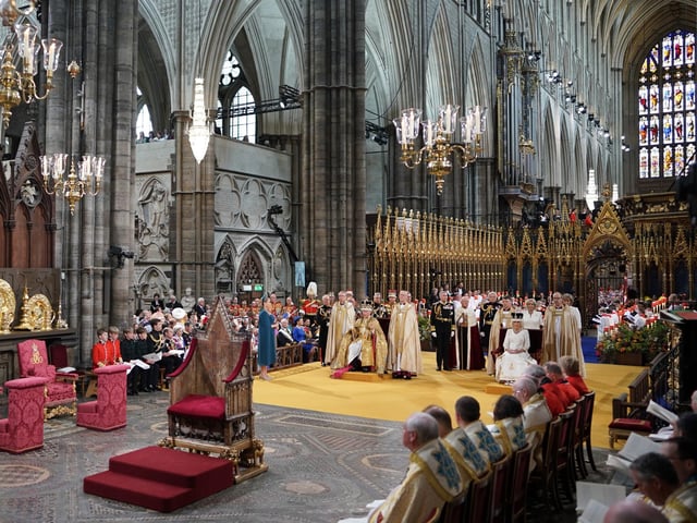 King Charles III during his coronation ceremony in Westminster Abbey, London.