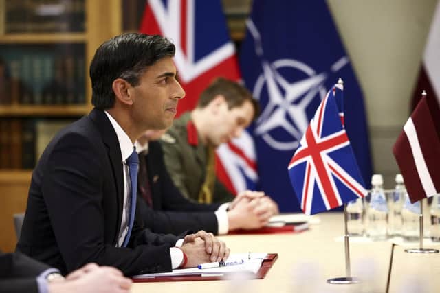 Prime Minister Rishi Sunak attends a bilateral meeting with Latvian Prime Minister Krisjanis Karins (not pictured) at the Joint Expeditionary Force (JEF) countries leaders' meeting in Riga, Latvia. Picture: Henry Nicholls/Pool Photo via AP