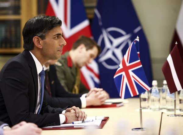 Prime Minister Rishi Sunak attends a bilateral meeting with Latvian Prime Minister Krisjanis Karins (not pictured) at the Joint Expeditionary Force (JEF) countries leaders' meeting in Riga, Latvia. Picture: Henry Nicholls/Pool Photo via AP