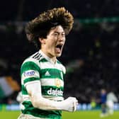 GLASGOW, SCOTLAND - MARCH 08  Celtic's Kyogo Furuhashi's excellence - the striker seen here celebrating his superb finish -  wasn't the only hair-raising element of his club's latest success.  Celtic's home league scoring brought up an 85-year top flight first.  (Photo by Craig Williamson / SNS Group)