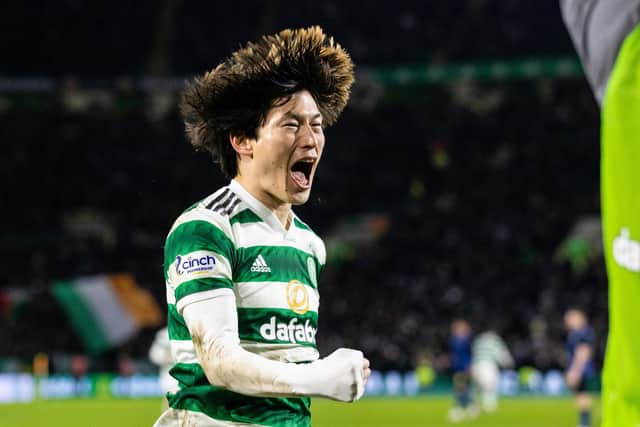 GLASGOW, SCOTLAND - MARCH 08 Celtic's Kyogo Furuhashi's excellence - the striker seen here celebrating his superb finish - wasn't the only hair-raising element of his club's latest success. Celtic's home league scoring brought up an 85-year top flight first. (Photo by Craig Williamson / SNS Group)