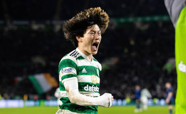 GLASGOW, SCOTLAND - MARCH 08  Celtic's Kyogo Furuhashi's excellence - the striker seen here celebrating his superb finish -  wasn't the only hair-raising element of his club's latest success.  Celtic's home league scoring brought up an 85-year top flight first.  (Photo by Craig Williamson / SNS Group)