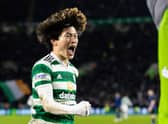 GLASGOW, SCOTLAND - MARCH 08  Celtic's Kyogo Furuhashi's excellence - the striker seen here celebrating his superb finish -  wasn't the only hair-raising element of his club's latest success.  Celtic's home league scoring brought up an 85-year top flight first.  (Photo by Craig Williamson / SNS Group)