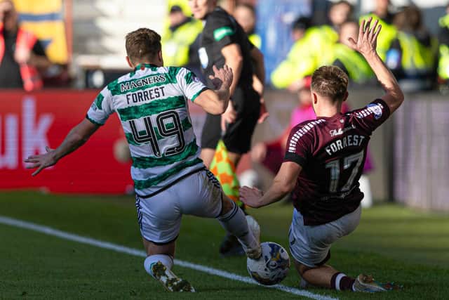 Brothers James Forrest (Celtic) and Alan Forrest (Hearts) battle in a match between their sides earlier this season. Photo by Mark Scates / SNS Group