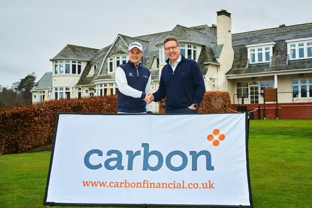 Jack McDonald is congratulated on winning the Tartan Pro Tour's season-opening Blairgowrie Perthshire Masters by Gordon Wilson, founder and MD of event sponsor Carbon Financial. Picture: Tartan Pro Tour
