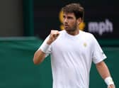 Cameron Norrie celebrates against Lucas Pouille on court 2 on day three of Wimbledon. (Adam Davy/PA Wire)