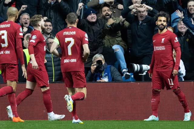 Mo Salah, far right, scored a rapid hat-trick for Liverpool.