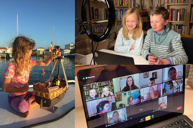 Ollie and Harry Ferguson top right and children from the Island Academy on Zoom talking about Adventure II which recently arrived in Belize picture: supplied