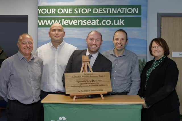 Ian Bartlett, process optimisation manager, Levenseat; Michael Watson, Lathallan site manager, Levenseat; Neil Gray MSP, Scottish Government wellbeing economy & fair work secretary; Angus Hamilton, managing director, Levenseat; Rhona Allison, managing director for business growth at Scottish Enterprise. Picture by Graham Clark