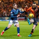 Dundee winger Niall McGinn (left) and Dundee United striker Tony Watt in action during the 0-0 draw between the teams at Dens Park. (Photo by Roddy Scott / SNS Group)