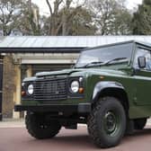 The Jaguar Land Rover that will be used to transport the coffin of the Duke of Edinburgh at his funeral on Saturday, pictured at Windsor Castle, Berkshire.