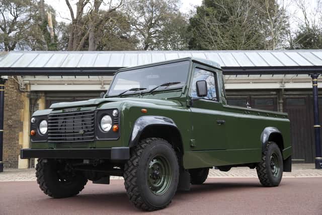 The Jaguar Land Rover that will be used to transport the coffin of the Duke of Edinburgh at his funeral on Saturday, pictured at Windsor Castle, Berkshire.