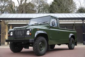 The Jaguar Land Rover that will be used to transport the coffin of the Duke of Edinburgh at his funeral on Saturday, pictured at Windsor Castle, Berkshire.