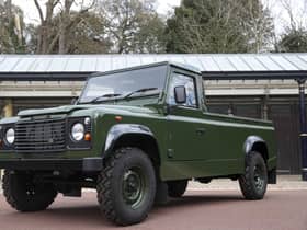 The Jaguar Land Rover that will be used to transport the coffin of the Duke of Edinburgh at his funeral on Saturday, pictured at Windsor Castle, Berkshire.