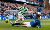 GLASGOW, SCOTLAND - APRIL 03: Celtic's Daizen Maeda (L) competes with Rangers' Leon Balogun during a cinch Premiership match between Rangers and Celtic at Ibrox Stadium, on April 02, 2022, in Glasgow, Scotland.  (Photo by Craig Williamson / SNS Group)