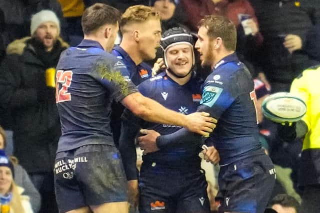Edinburgh's Duhan van der Merwe, second from left, celebrates his try with team-mates Matt Currie, Darcy Graham and Mark Bennett. (Photo by Simon Wootton / SNS Group)
