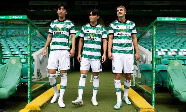 Celtic's supporters could be given their first glimpse of this week's trio of new arrivals in their Dublin friendly meeting with Wolves. The three arrivals, .from left, in midfielder Kwon Hyeok-kyu  winger Yang Hyun-jun and centre-back Maik Nawrocki  pictured at Celtic Park the other day. (Photo by Craig Foy / SNS Group)