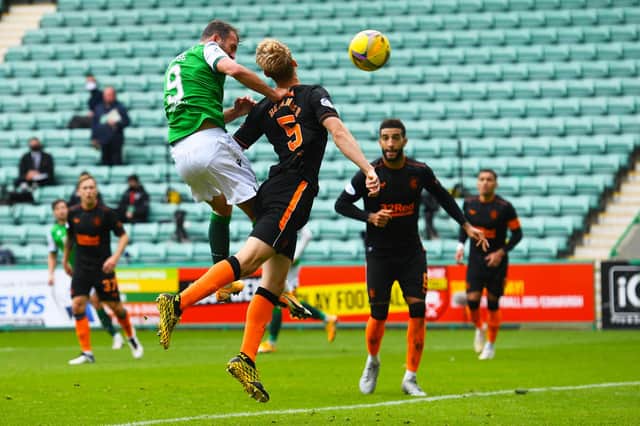 Hibs striker Christian Doidge scored to make it 2-2 during a league meeting with Rangers at Easter Road earlier this season. Photo by Craig Foy / SNS Group