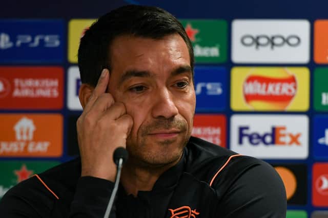 Giovanni van Bronckhorst addresses the media ahead of Rangers' match against Ajax at Ibrox.