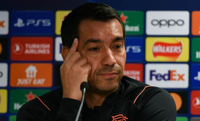 Giovanni van Bronckhorst addresses the media ahead of Rangers' match against Ajax at Ibrox.